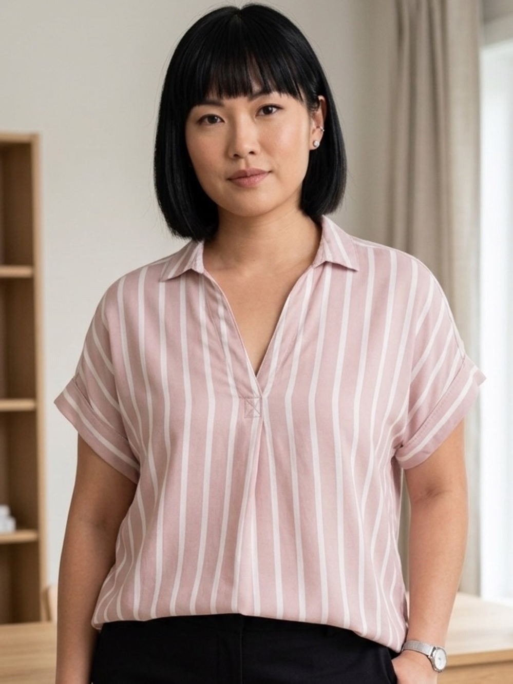 Mia & Tess Pink and White Striped V-Neck Collared Blouse